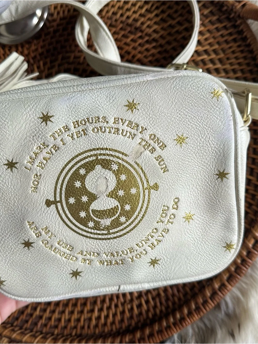 LOUNGEFLY Harry Potter Time Turner Cream Gold-Print Tassel Crossbody Bag